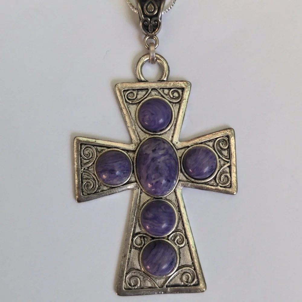 Purple Chariote  Sterling Silver Cross Pendant Necklace. New, Genuine Gems - Picture 10 of 10